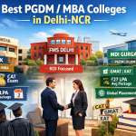 MBA admission guide Delhi NCR showing IIM Rohtak FMS Delhi and MDI Gurgaon campuses and students