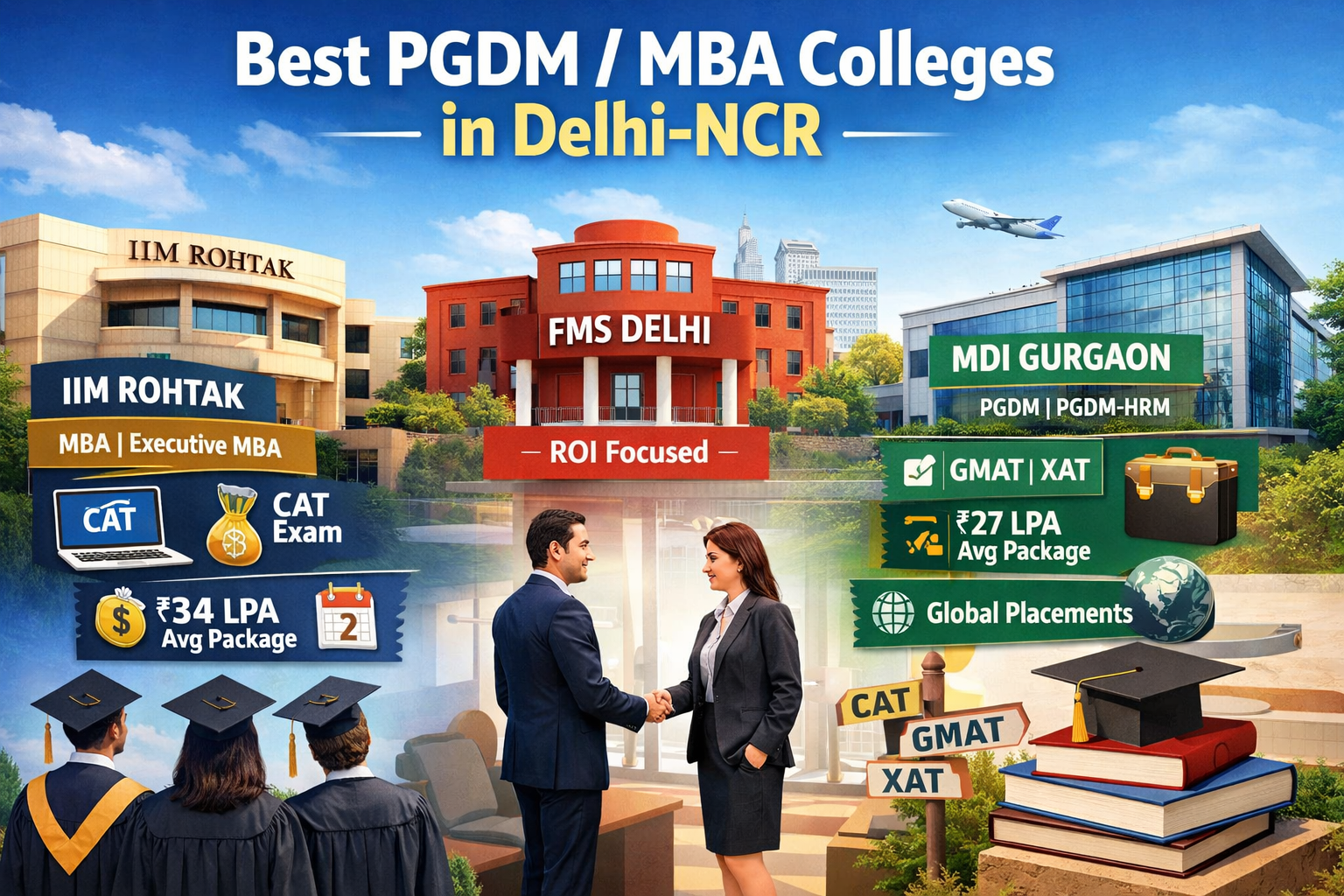MBA admission guide Delhi NCR showing IIM Rohtak FMS Delhi and MDI Gurgaon campuses and students
