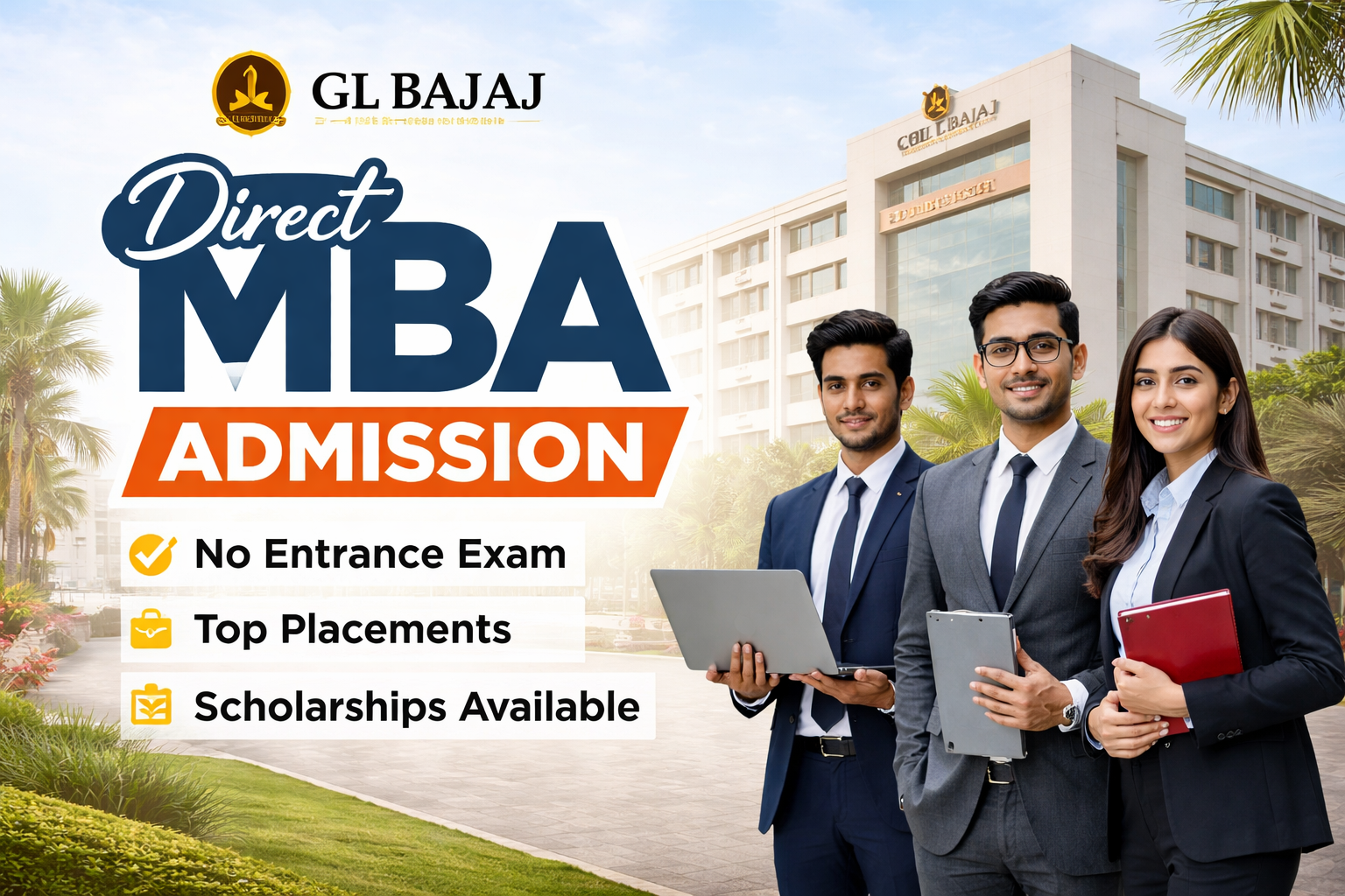 GL Bajaj MBA Admission Banner Showing Campus and Students with Career Opportunities
