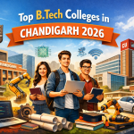 “Top B.Tech colleges in Chandigarh concept image with modern campus infrastructure, students, and engineering tools like robotics and blueprints.”