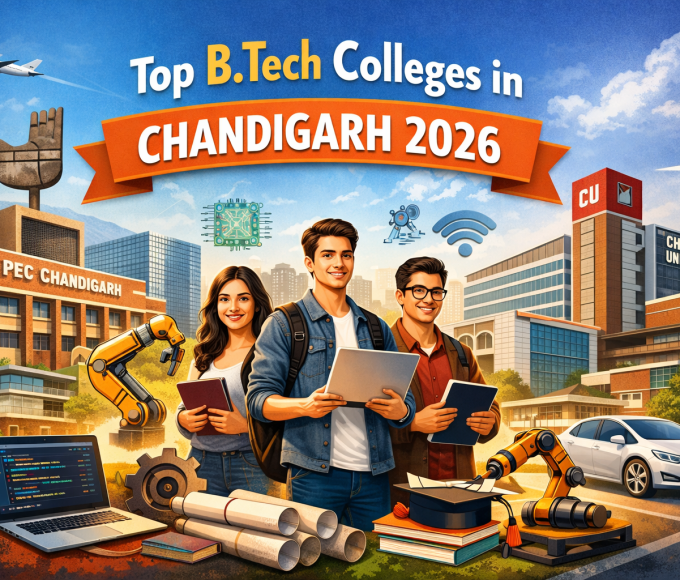 “Top B.Tech colleges in Chandigarh concept image with modern campus infrastructure, students, and engineering tools like robotics and blueprints.”