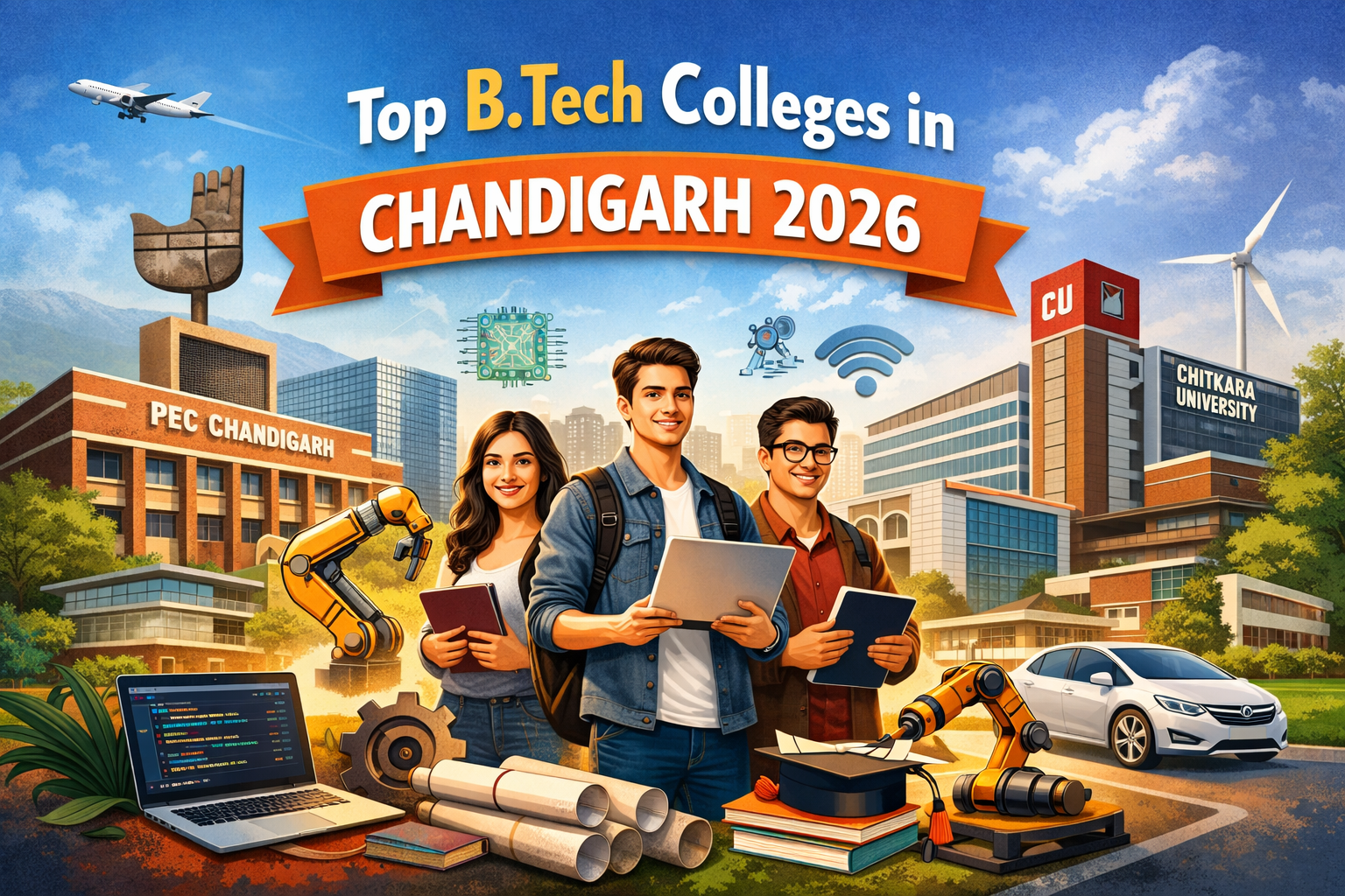 “Top B.Tech colleges in Chandigarh concept image with modern campus infrastructure, students, and engineering tools like robotics and blueprints.”