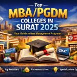 “Feature image for blog on MBA/PGDM colleges in Surat 2025 showing university campuses, graduation cap on a book, and Surat city skyline representing education and career opportunities.”
