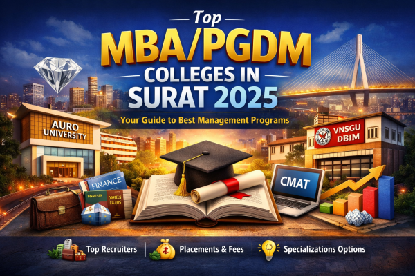 “Feature image for blog on MBA/PGDM colleges in Surat 2025 showing university campuses, graduation cap on a book, and Surat city skyline representing education and career opportunities.”