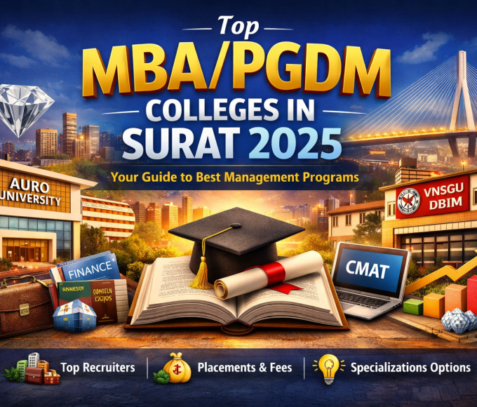 “Feature image for blog on MBA/PGDM colleges in Surat 2025 showing university campuses, graduation cap on a book, and Surat city skyline representing education and career opportunities.”