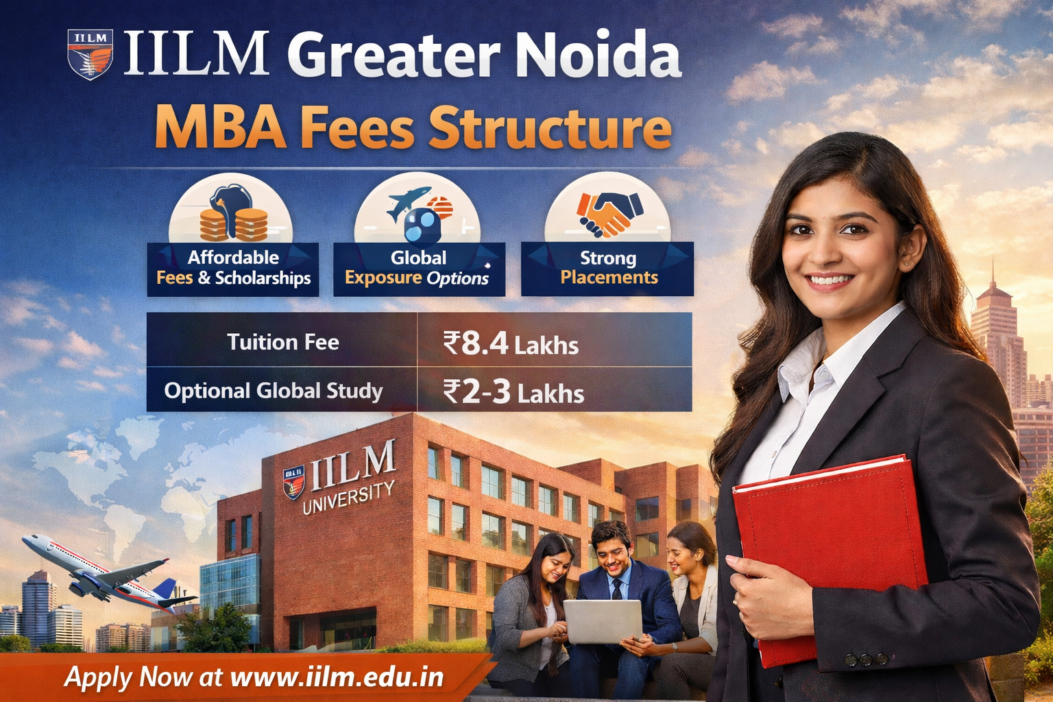 IILM Greater Noida MBA Fees Structure 2026 with campus and student illustration