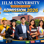 Students standing in front of IILM University Greater Noida campus with “Admission 2026” banner, highlighting courses like engineering, law, and management with academic icons.