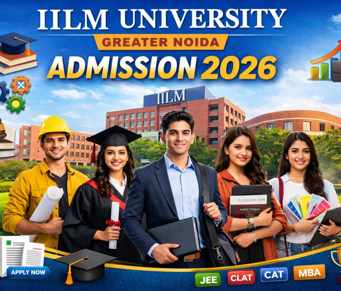 Students standing in front of IILM University Greater Noida campus with “Admission 2026” banner, highlighting courses like engineering, law, and management with academic icons.