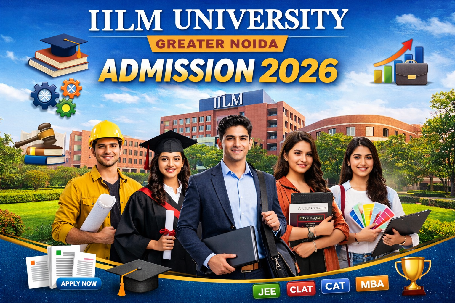 Students standing in front of IILM University Greater Noida campus with “Admission 2026” banner, highlighting courses like engineering, law, and management with academic icons.