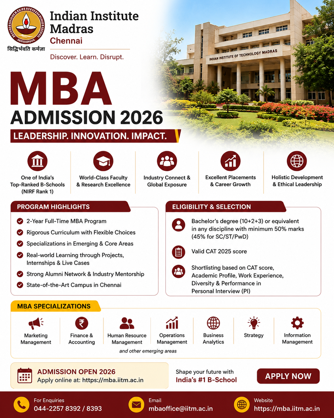 Indian Institute Madras, Chennai MBA Admission