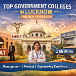 Top Government Colleges in Lucknow for 2026 Admissions featuring IIM Lucknow, KGMU, and IET Lucknow with CAT, NEET, and JEE Main exam highlights