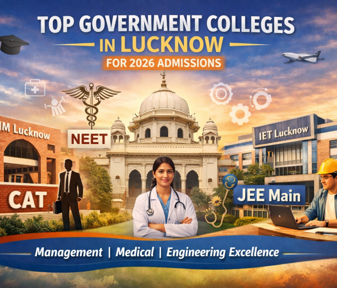 Top Government Colleges in Lucknow for 2026 Admissions featuring IIM Lucknow, KGMU, and IET Lucknow with CAT, NEET, and JEE Main exam highlights