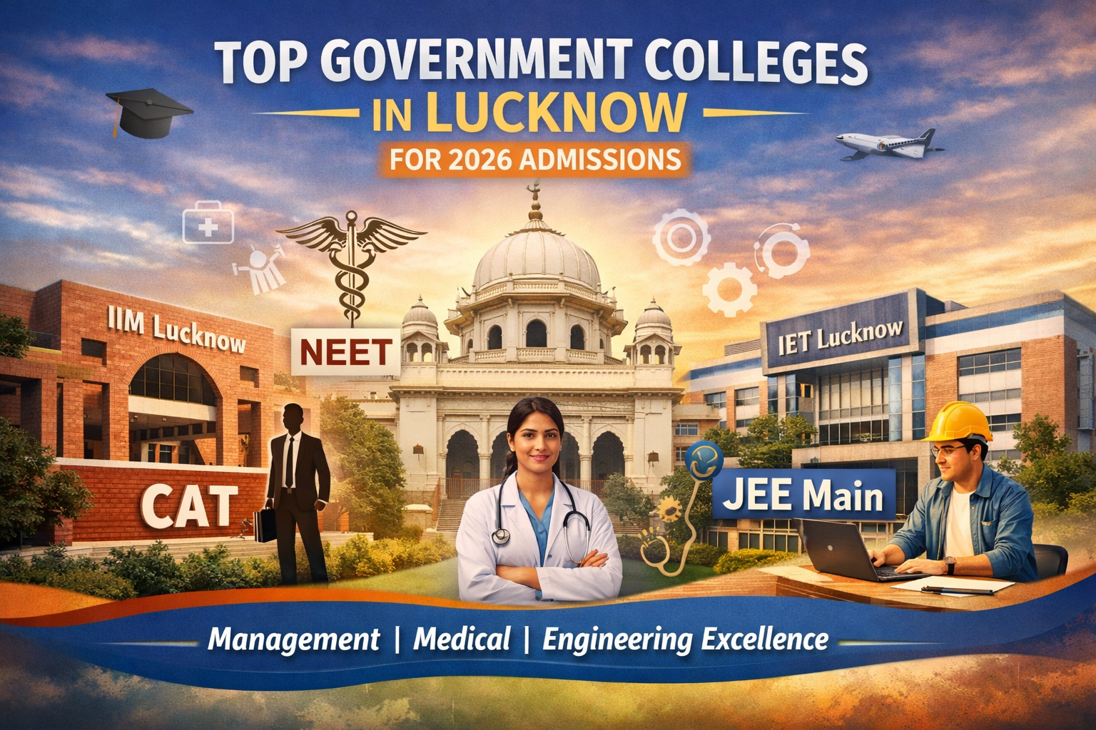 Top Government Colleges in Lucknow for 2026 Admissions featuring IIM Lucknow, KGMU, and IET Lucknow with CAT, NEET, and JEE Main exam highlights