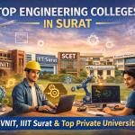 Top Engineering Colleges in Surat including SVNIT, IIIT Surat, SCET, P. P. Savani University, and Bhagwan Mahavir University with engineering students and campus visuals