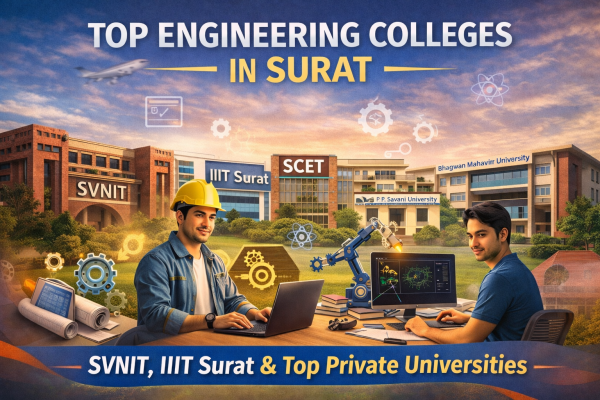Top Engineering Colleges in Surat including SVNIT, IIIT Surat, SCET, P. P. Savani University, and Bhagwan Mahavir University with engineering students and campus visuals