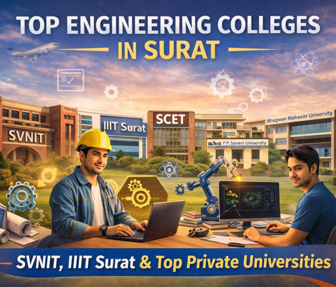 Top Engineering Colleges in Surat including SVNIT, IIIT Surat, SCET, P. P. Savani University, and Bhagwan Mahavir University with engineering students and campus visuals