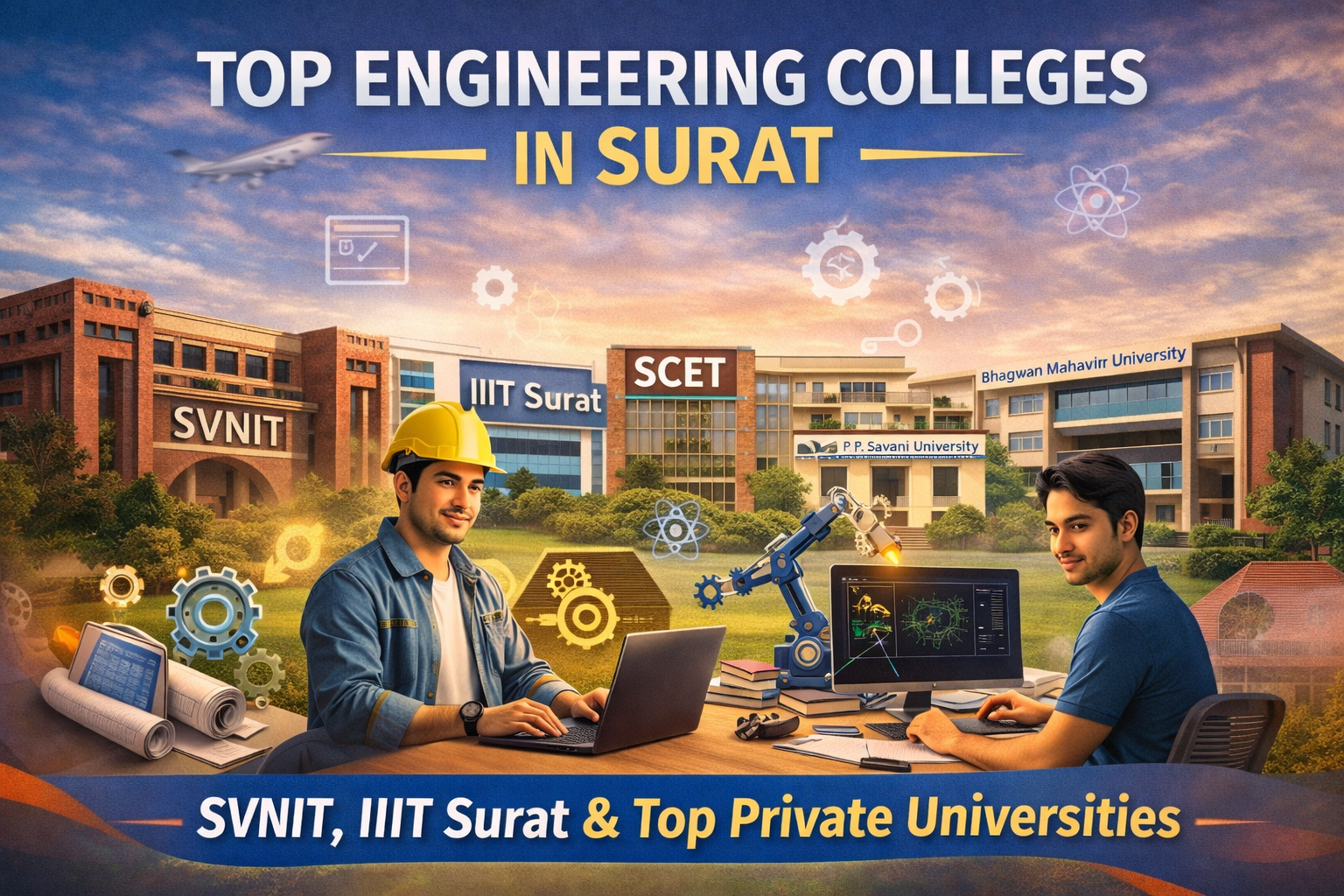 Top Engineering Colleges in Surat including SVNIT, IIIT Surat, SCET, P. P. Savani University, and Bhagwan Mahavir University with engineering students and campus visuals