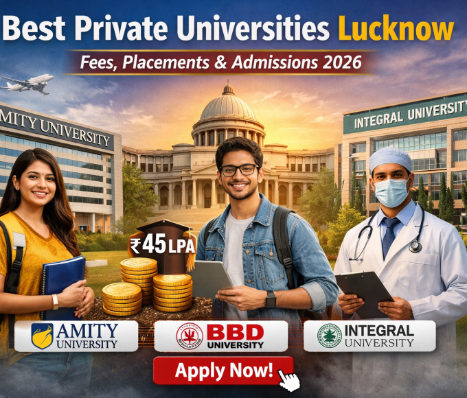 Best Private Universities Lucknow 2026 featuring Amity University, BBD University, and Integral University campuses with students, highlighting fees, placements up to ₹45 LPA, and admissions details with apply now call-to-action.