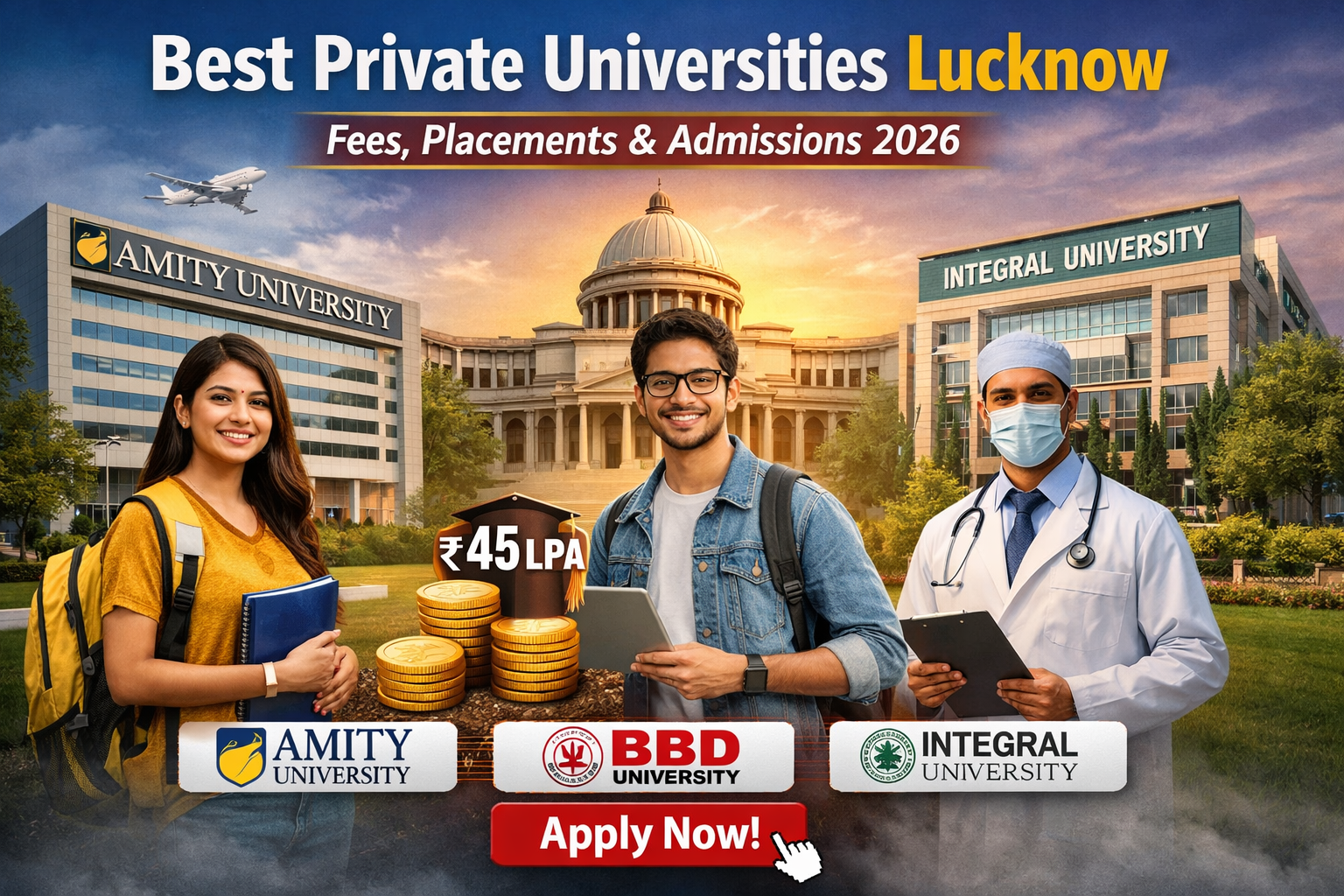 Best Private Universities Lucknow 2026 featuring Amity University, BBD University, and Integral University campuses with students, highlighting fees, placements up to ₹45 LPA, and admissions details with apply now call-to-action.