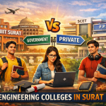 Students comparing government and private engineering colleges in Surat, featuring SVNIT, IIIT Surat, SCET, and P.P. Savani University with a modern campus and cityscape background.