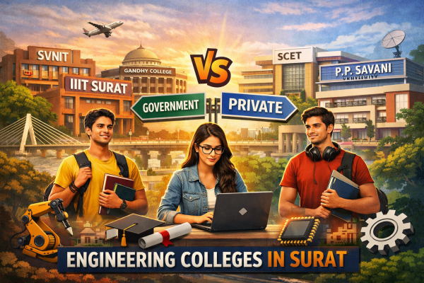 Students comparing government and private engineering colleges in Surat, featuring SVNIT, IIIT Surat, SCET, and P.P. Savani University with a modern campus and cityscape background.