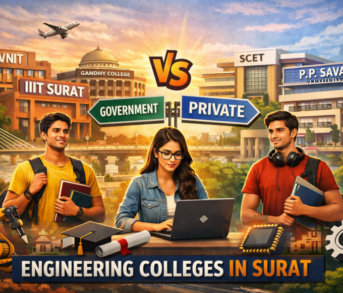 Students comparing government and private engineering colleges in Surat, featuring SVNIT, IIIT Surat, SCET, and P.P. Savani University with a modern campus and cityscape background.
