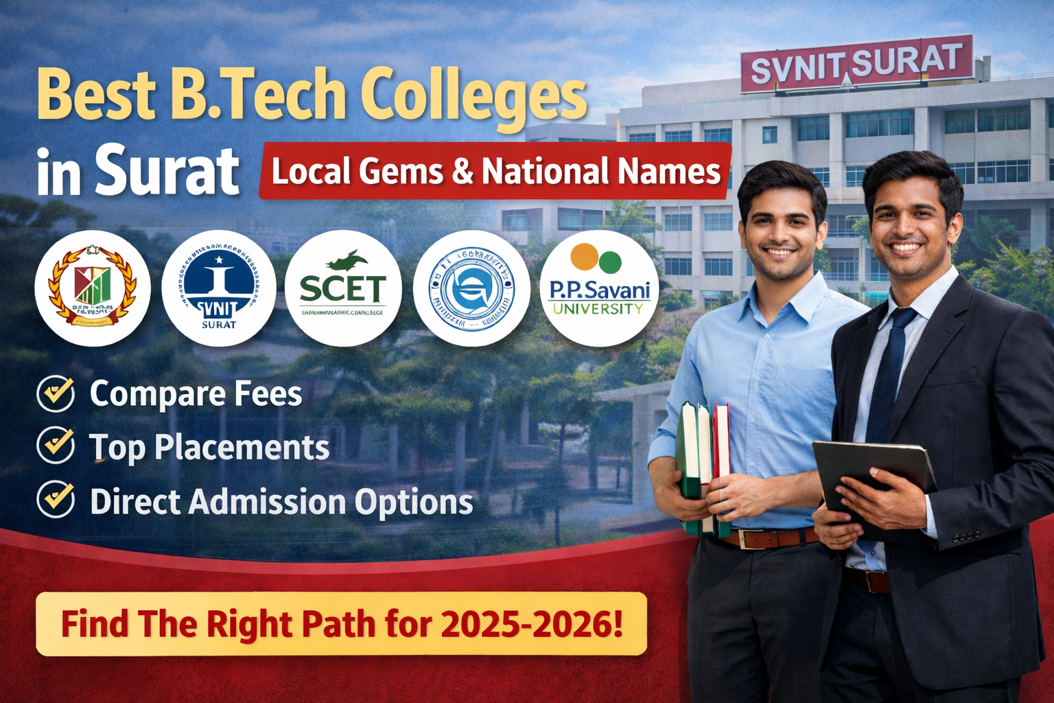 Best B.Tech colleges in Surat 2026 featuring SVNIT Surat, IIIT Surat, SCET and top engineering institutes with fees and placements