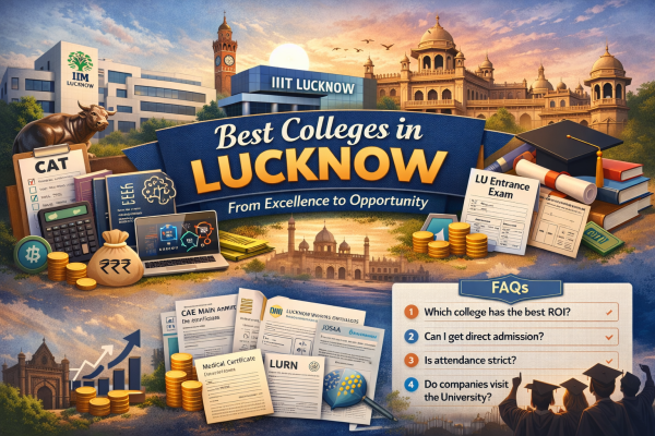 Best colleges in Lucknow featuring IIM Lucknow, IIIT Lucknow, and University of Lucknow with campus and admission highlights