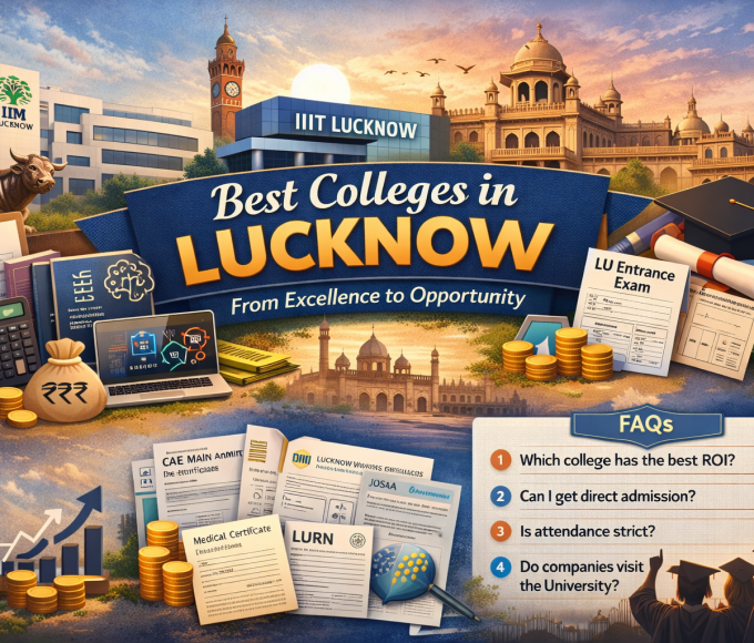 Best colleges in Lucknow featuring IIM Lucknow, IIIT Lucknow, and University of Lucknow with campus and admission highlights